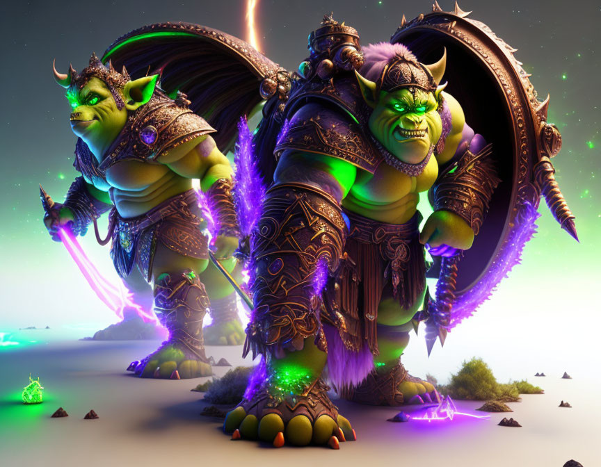 Fantasy orcs in armor with glowing green accents under aurora-filled night sky