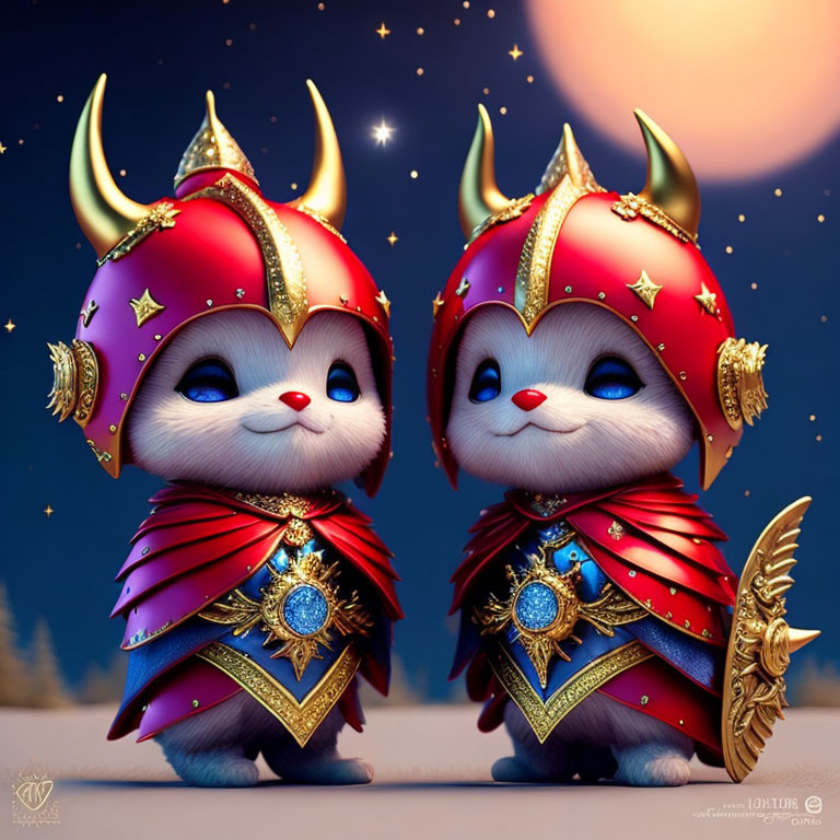 Two animated kittens in medieval warrior costumes under starry sky