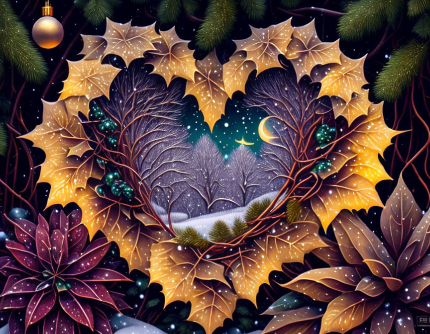 Heart-shaped feather art with golden leaves, pine branches, and Christmas ornament