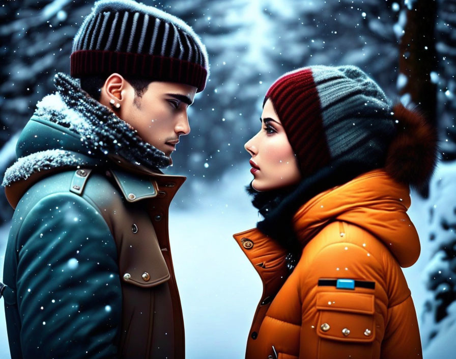 Two individuals in winter attire with snowflakes, set against a snowy background