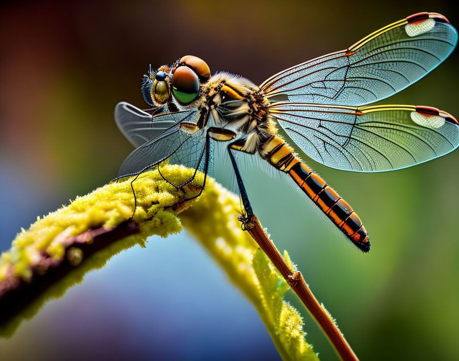 Dragonfly with Transparent Wings Perched on Green Stem