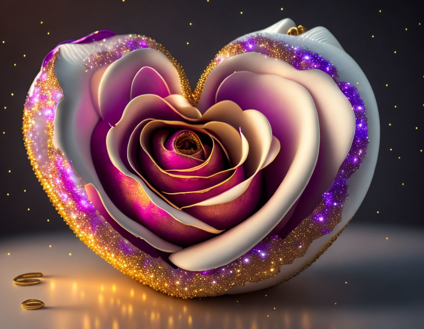 Heart-shaped rose-like digital artwork with purple and gold glitter on dark background