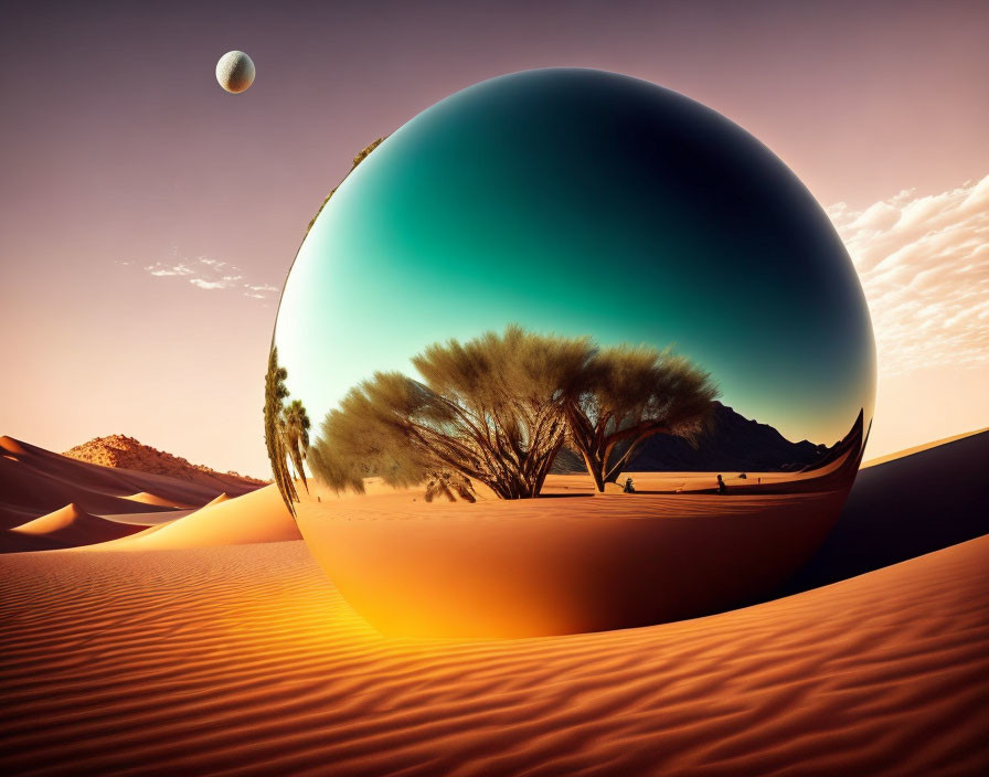 Surreal desert landscape with giant reflective sphere and mirrored scenery