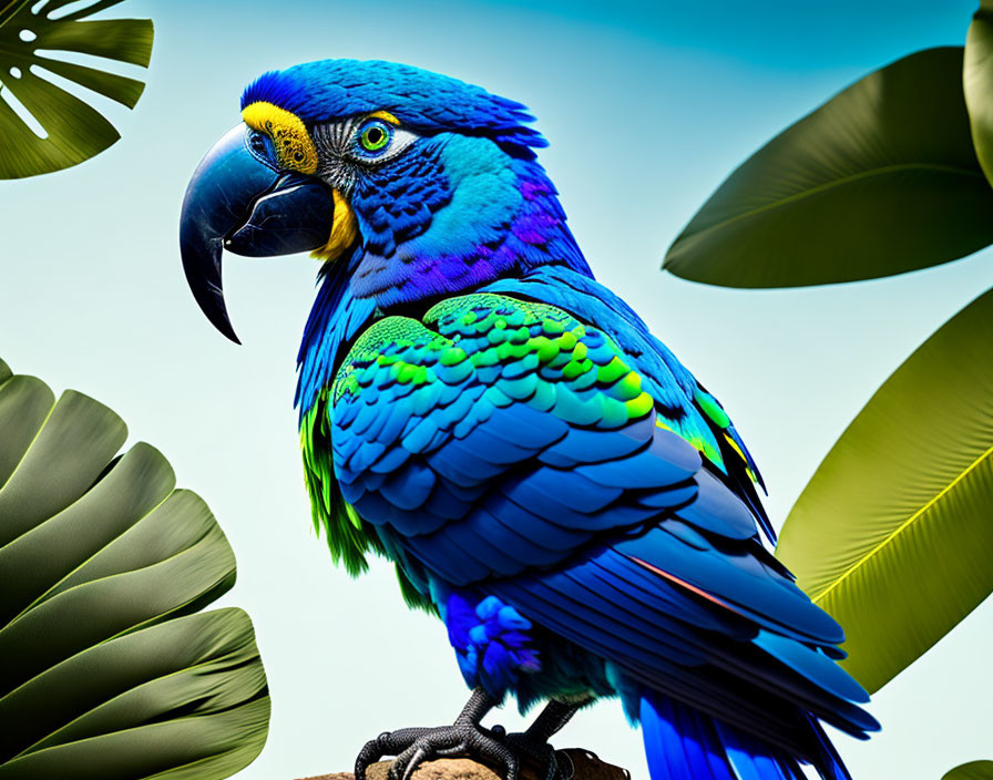 Colorful Macaw Perched Among Green Leaves