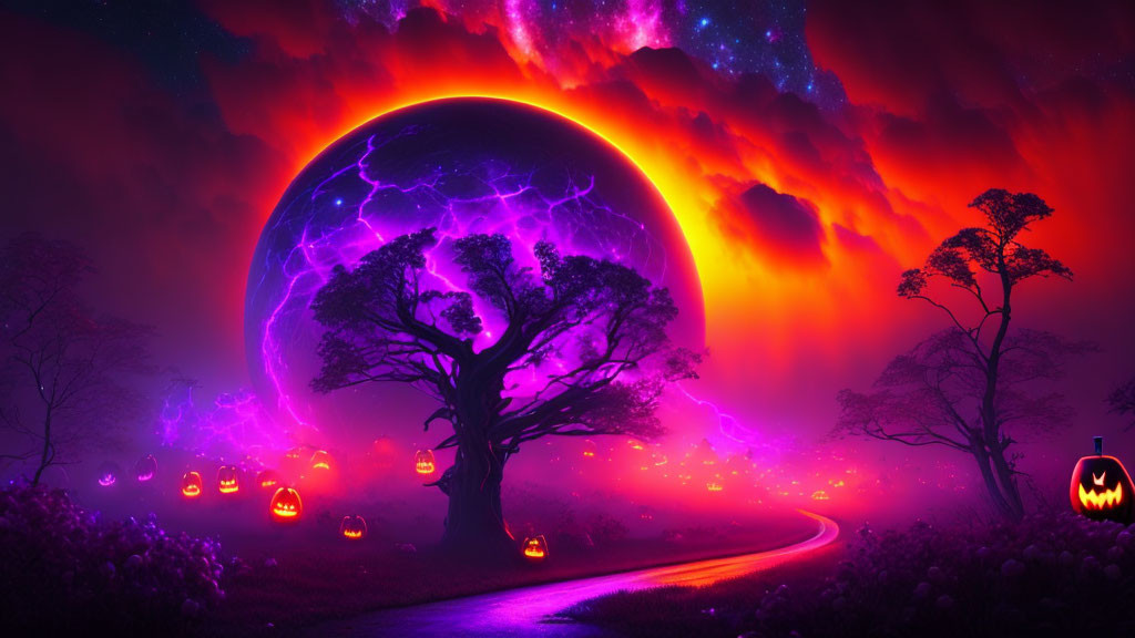 Vibrant Halloween digital artwork with ominous moon, lightning, tree, jack-o'-lanterns