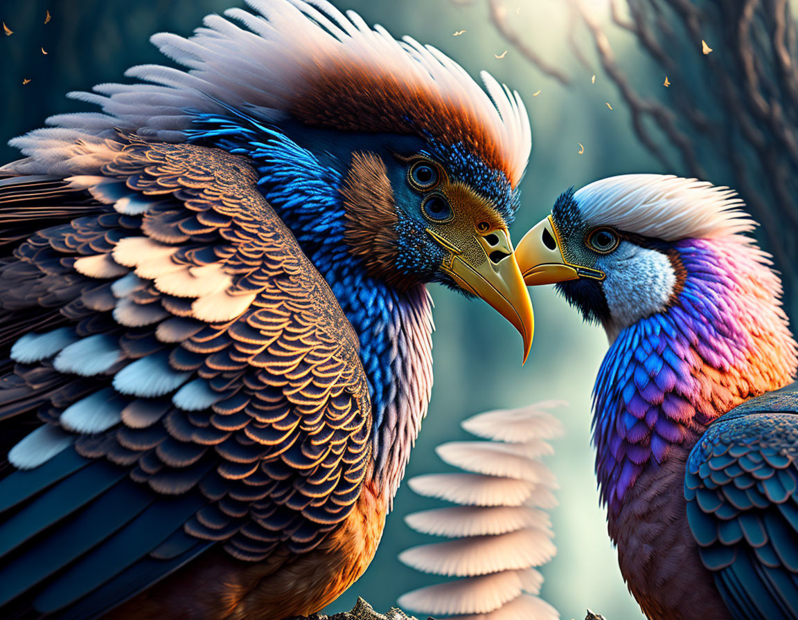 Colorful birds with intricate feathers in intimate interaction on soft background.