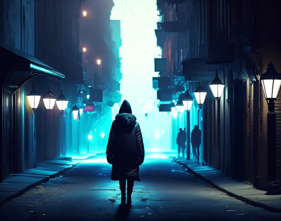 Mysterious hooded figure in neon-lit night alleyway