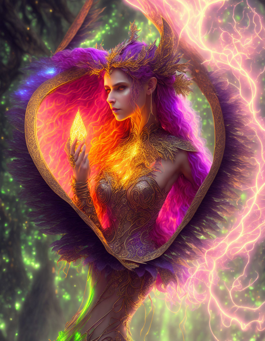 Mystical figure with ornate headdress holding glowing flame in heart-shaped frame amid luminous trees