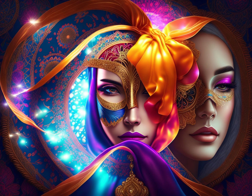 Colorful digital artwork: Two women in masquerade masks on ornate paisley background