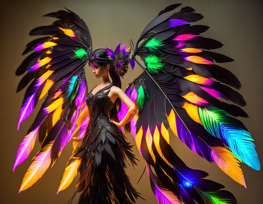 Woman in black ornate dress with colorful iridescent wings on gradient backdrop