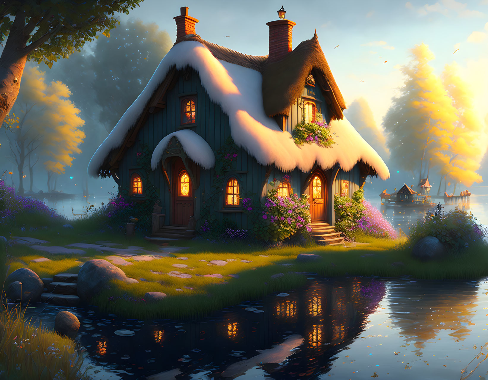 Thatched Roof Cottage by Serene River at Sunset