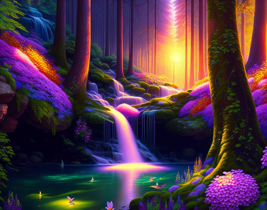 Enchanting fantasy forest with waterfall, glowing flowers, fireflies, and tranquil pond