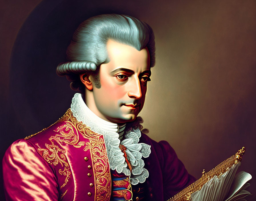 Man in 18th-Century Red Jacket Holding Music Sheet