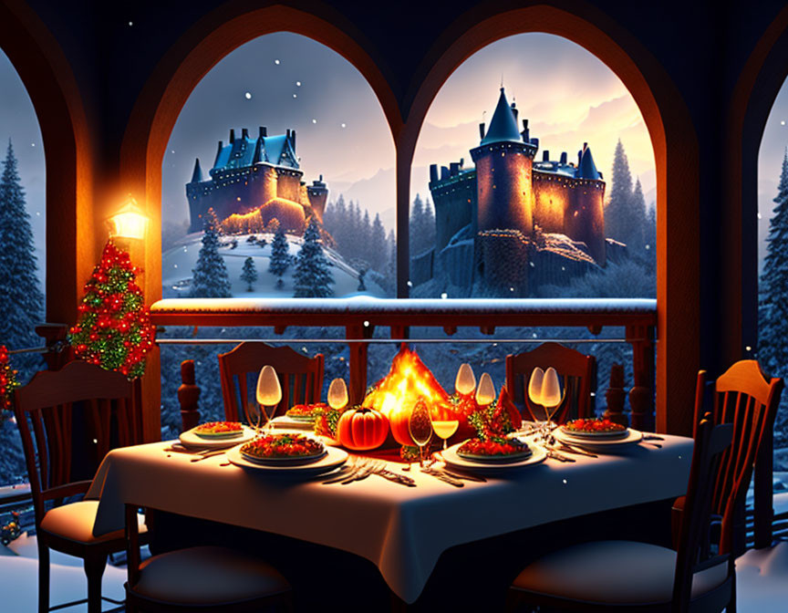 Festive dining room with snowy landscape view