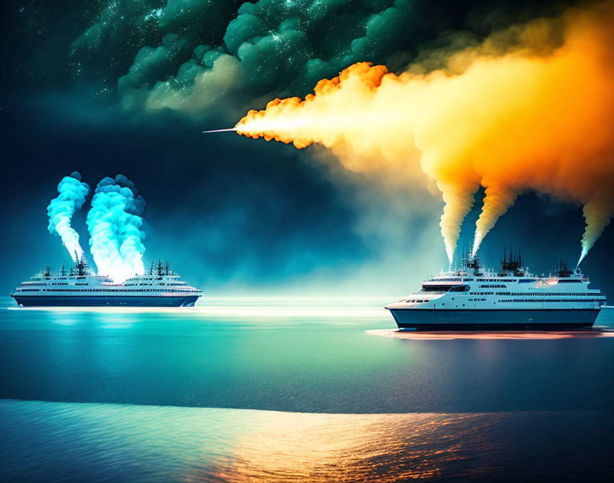 Cruise ships on calm sea with colorful smoke plumes at night