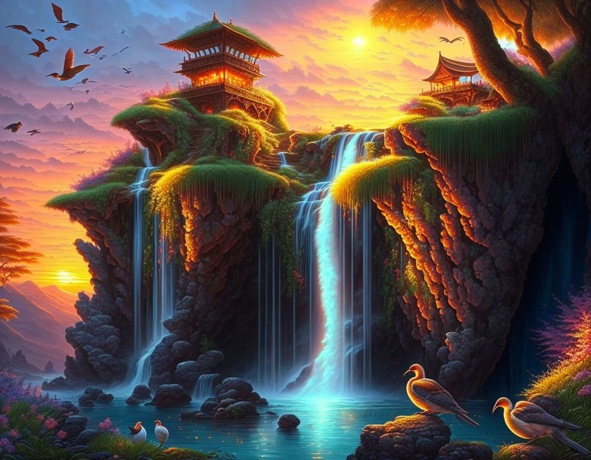 Scenic landscape with waterfalls, pagodas, lush greenery, and birds