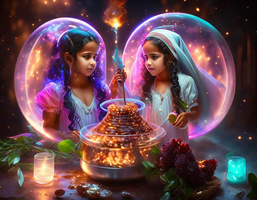 Mystical scene: two girls with glowing orbs and sparkling wand by luminous fountain