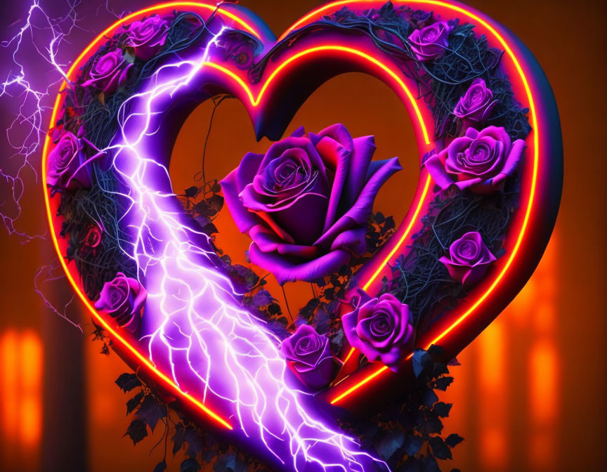 Vivid Neon Heart Sign with Purple Roses and Lightning on Dark Red Background