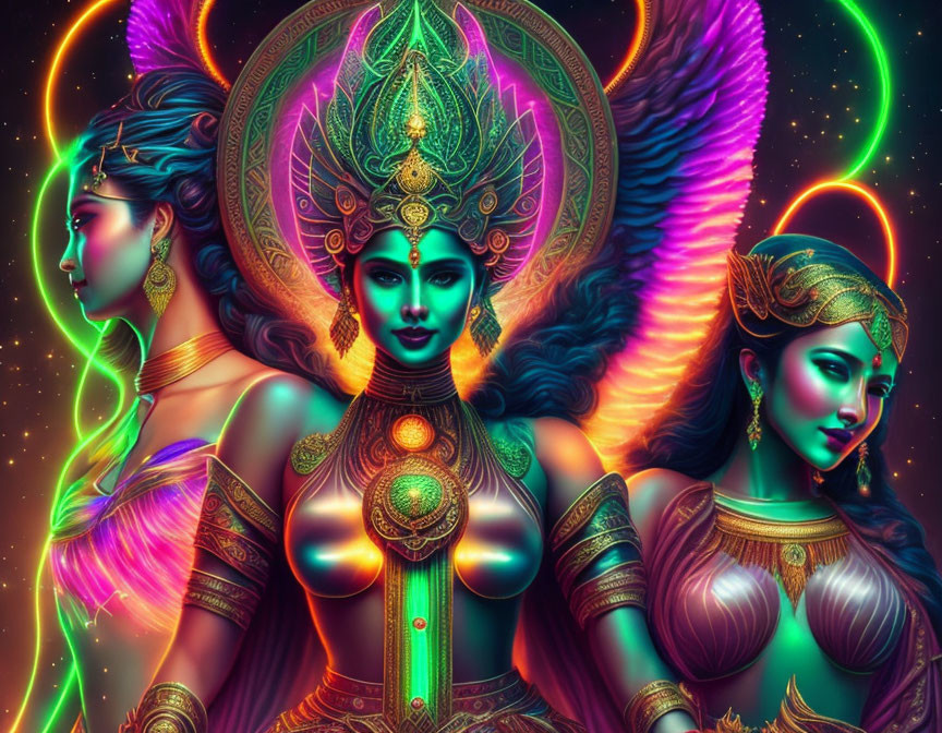 Stylized ornate female figures with colorful wings and headdresses on dark background