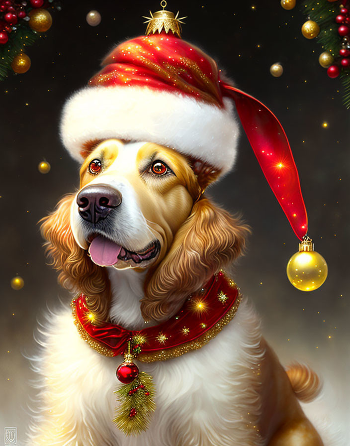 Golden Retriever in Santa Hat with Christmas Ornaments Collar and Bokeh Lights