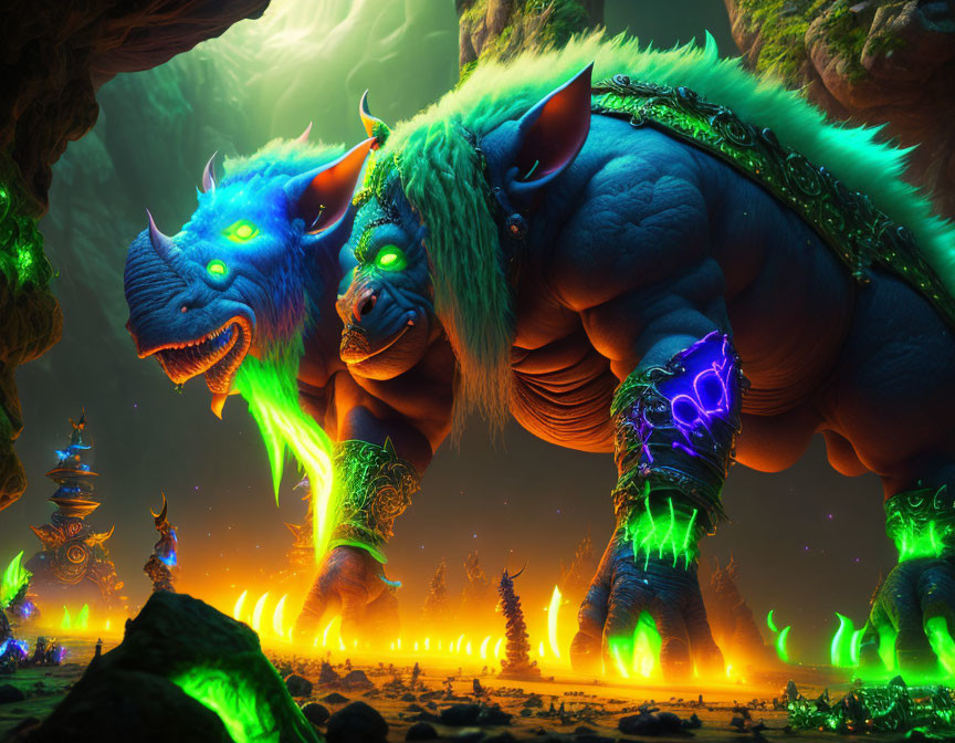 Neon-Glowing Fantastical Beasts in Alien Landscape