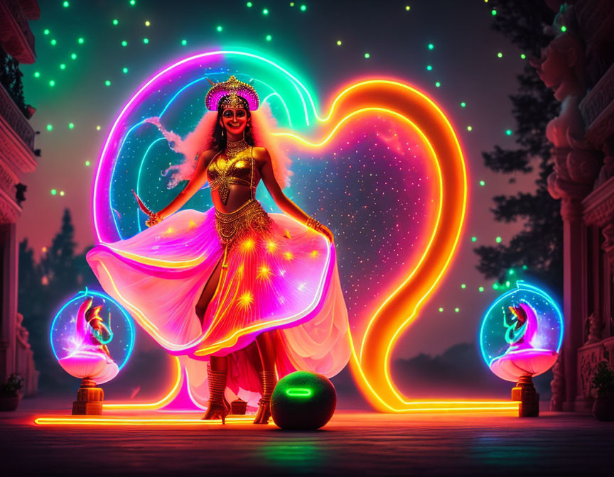 Traditional Indian Attire Woman with Neon Heart and Peacock Figures