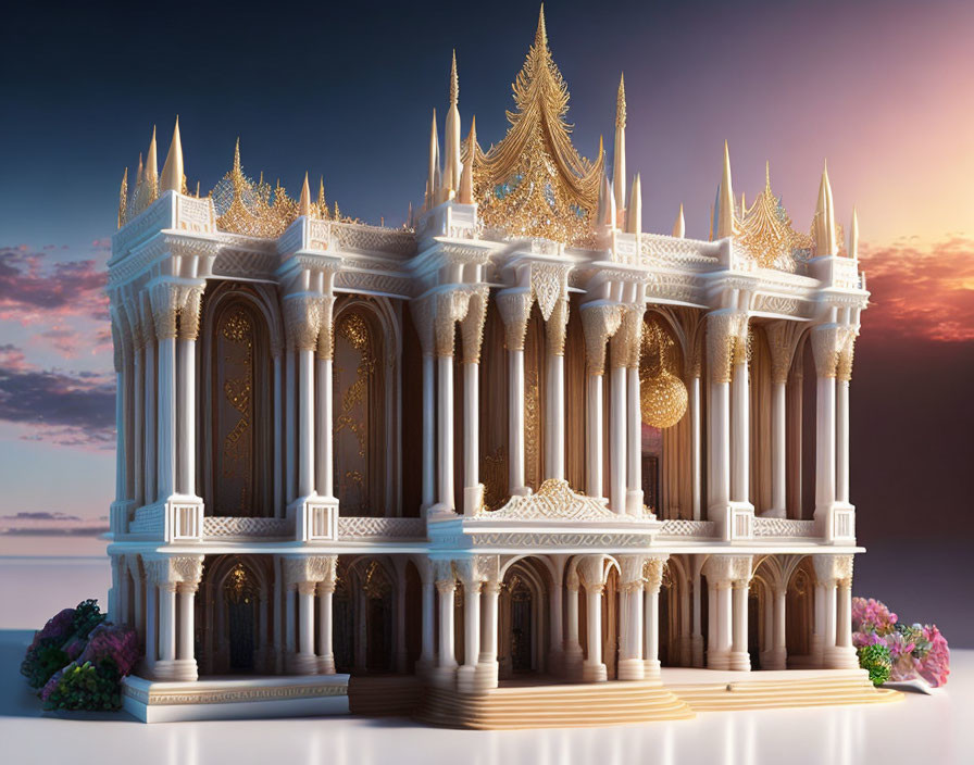 Ornate palace with golden accents and spires in twilight sky