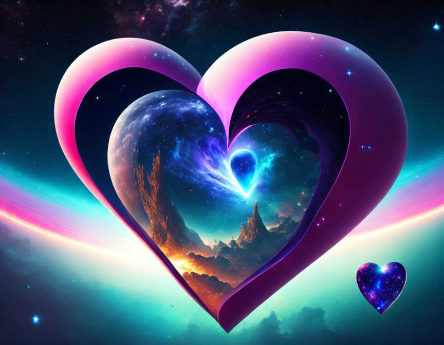 Vibrant cosmic scene with heart-shaped elements on space backdrop