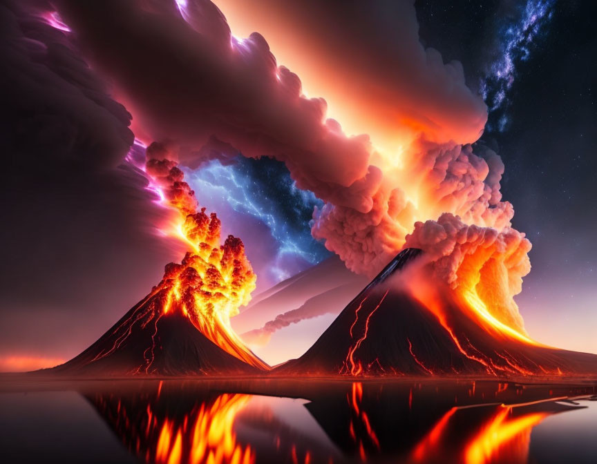 Nighttime volcanic eruption with glowing lava and ash plumes reflected in calm water
