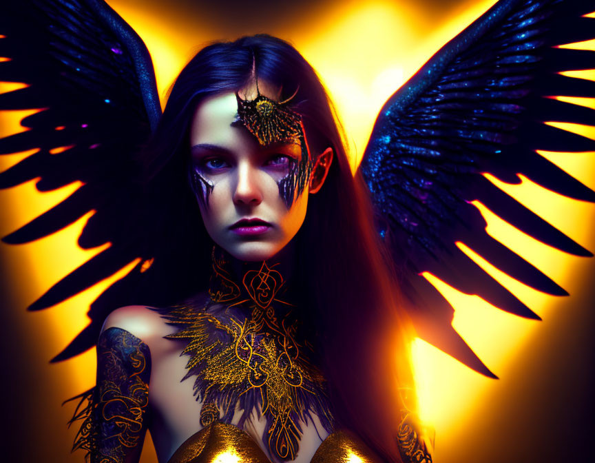 Dark angel wings woman with golden makeup against yellow backdrop