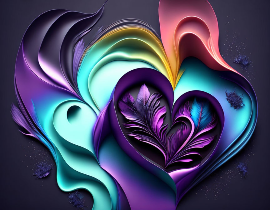 Vivid Abstract Art: Feathery Shapes & Heart-like Form on Purple