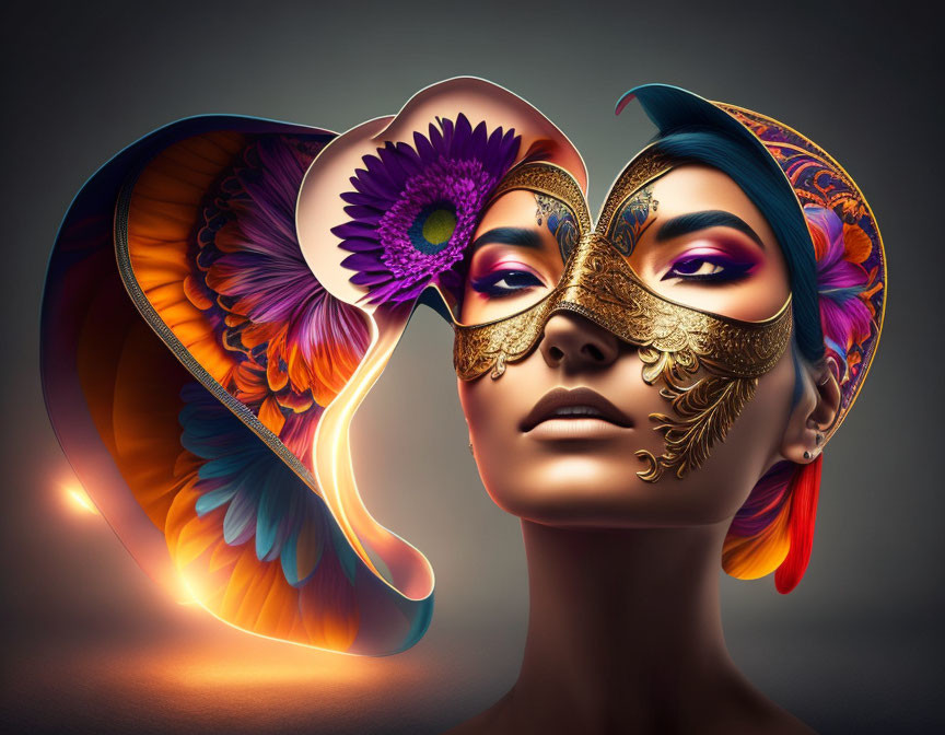 Colorful Artistic Makeup with Golden Masquerade Mask on Subdued Background