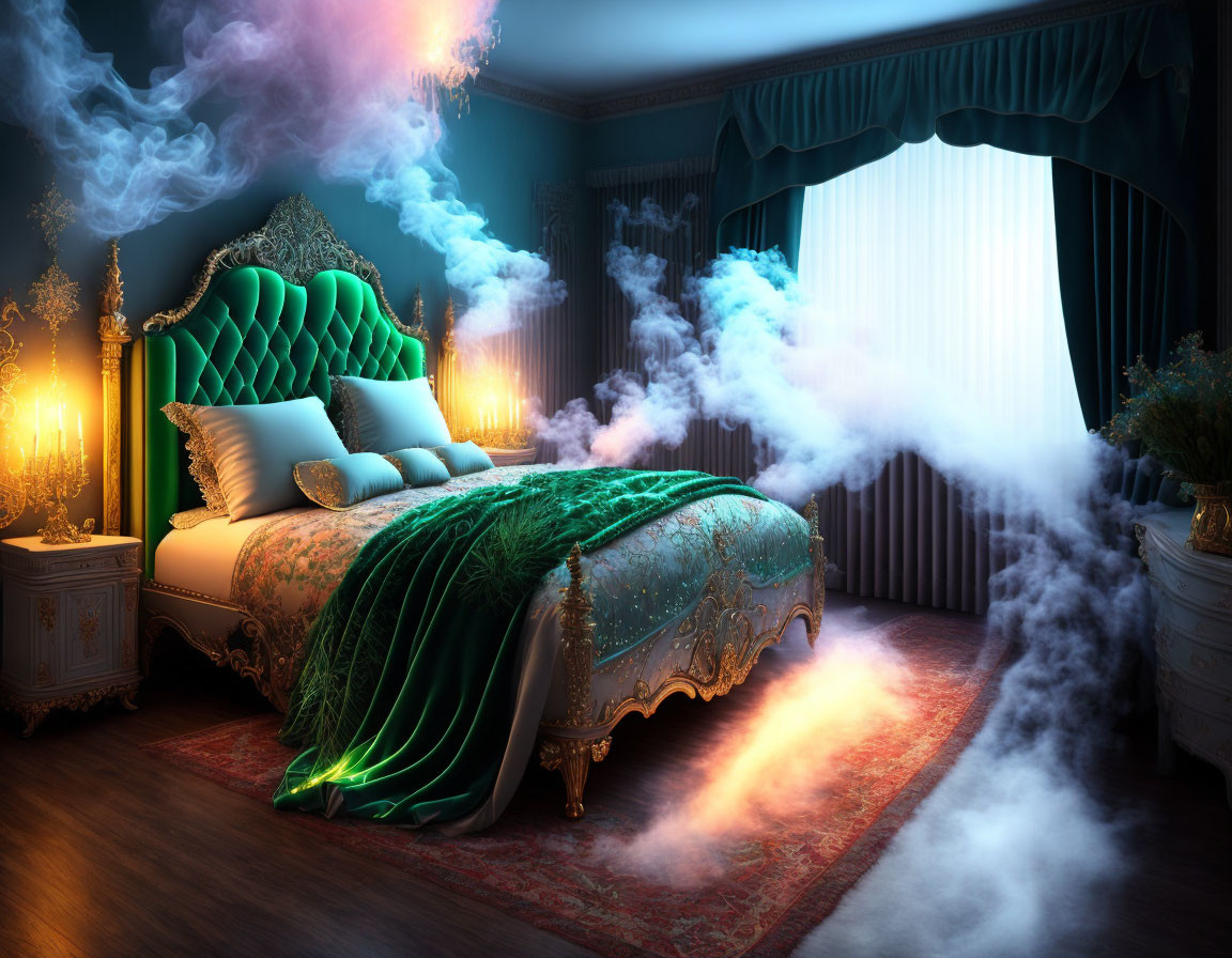 Luxurious Teal and Gold Themed Bedroom with Mystical Smoke