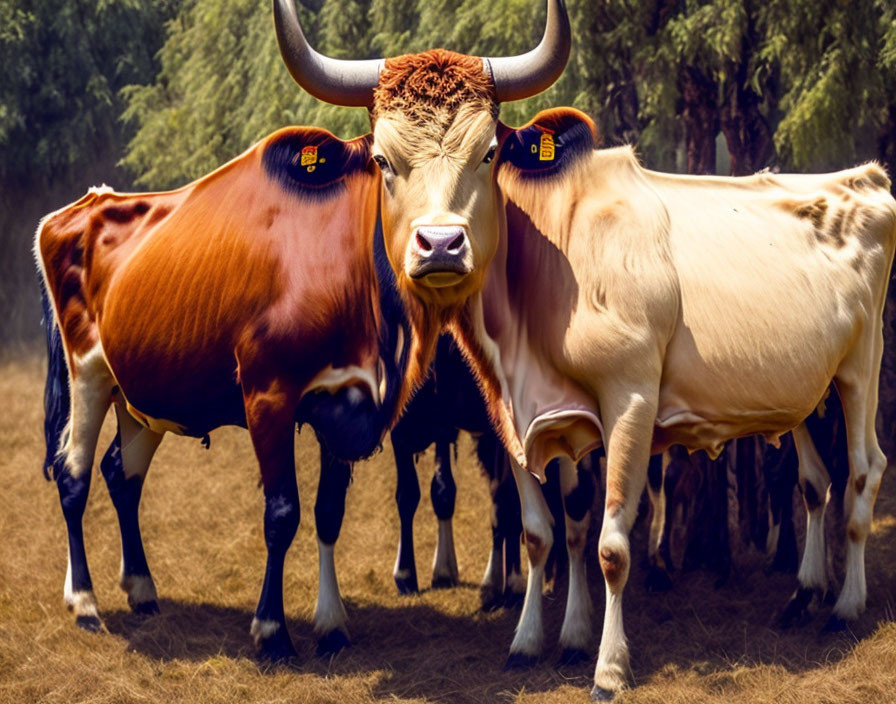 Two cows with ear tags in a field: one brown and white with horns, the other mostly white