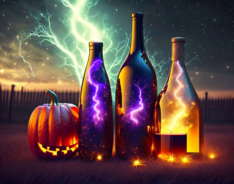 Glowing bottles and carved pumpkin under starry sky with lightning