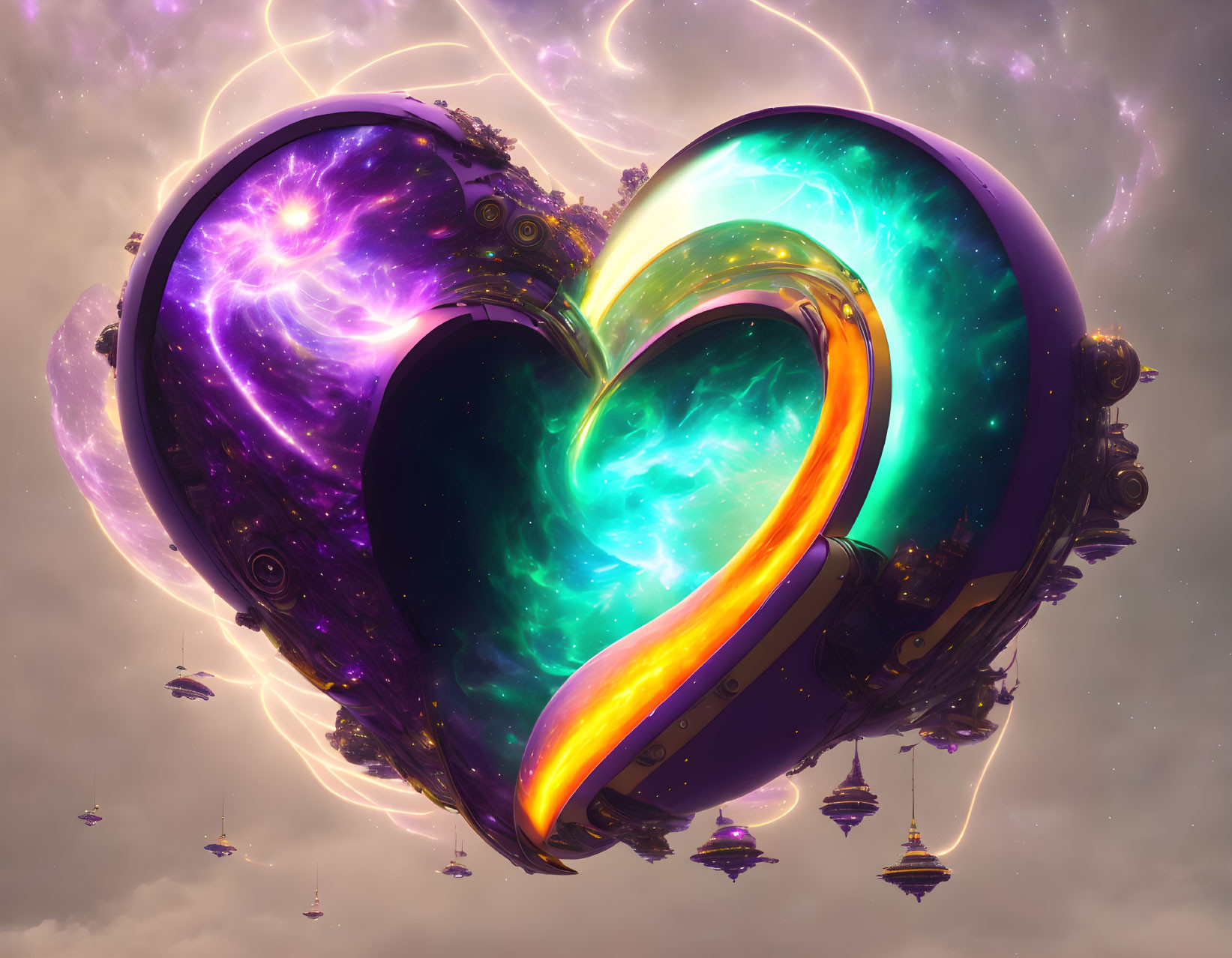 Colorful cosmic heart-shaped object with swirling purple, green, and yellow hues in a cloudy sky setting