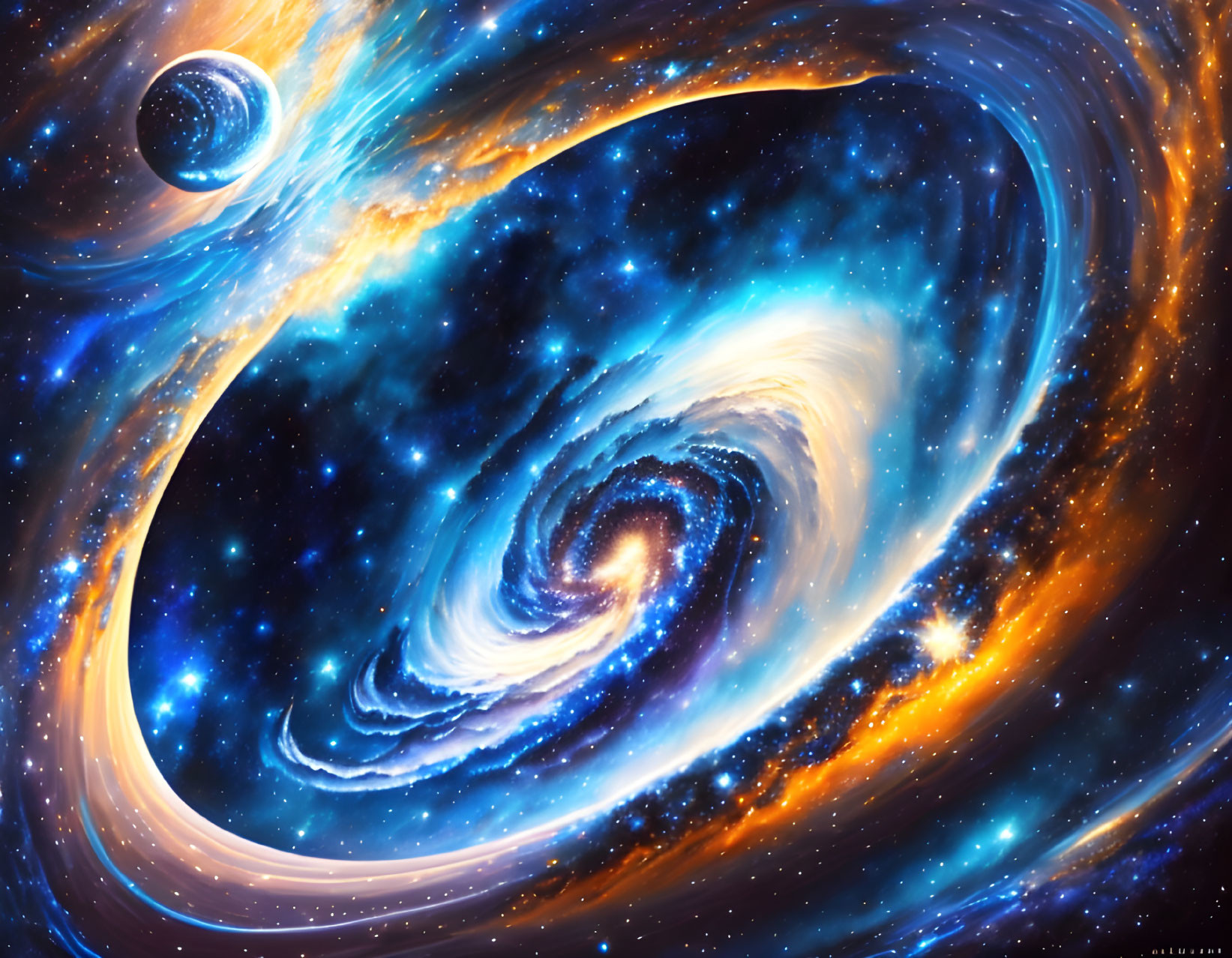 Swirling galaxy digital artwork with blue and golden hues