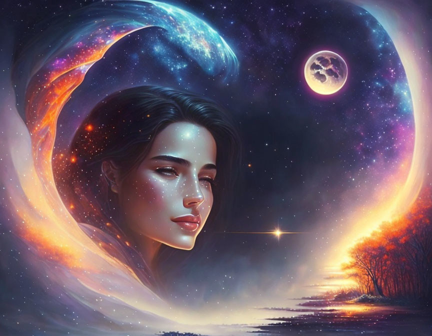 Surreal portrait blending woman's face with cosmic backdrop, vibrant galaxy, glowing moon, serene landscape