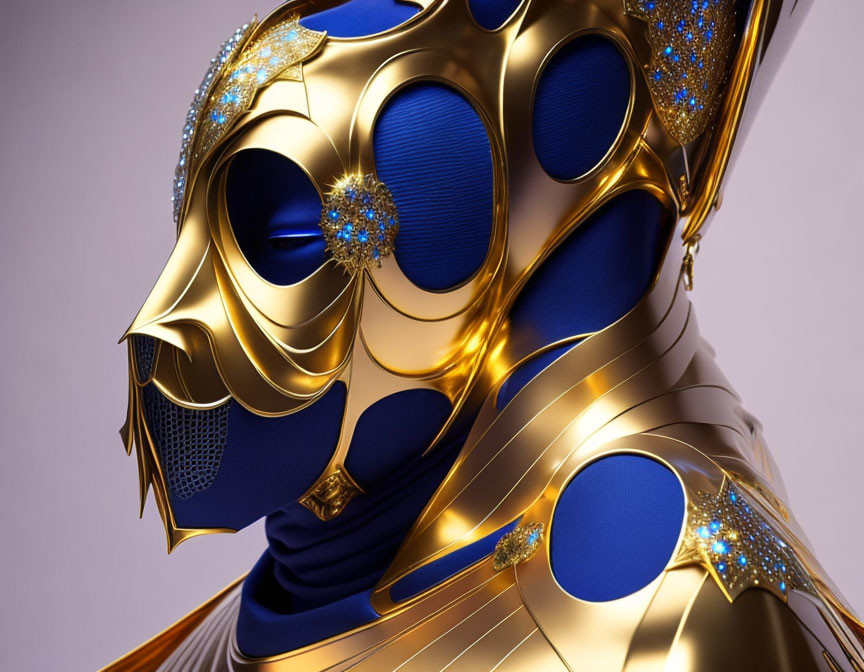 Golden Mask with Blue Accents and Jewel Embellishments on Purple Background