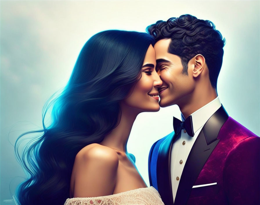 Illustrated couple in formal attire sharing intimate moment with smiles and noses touching