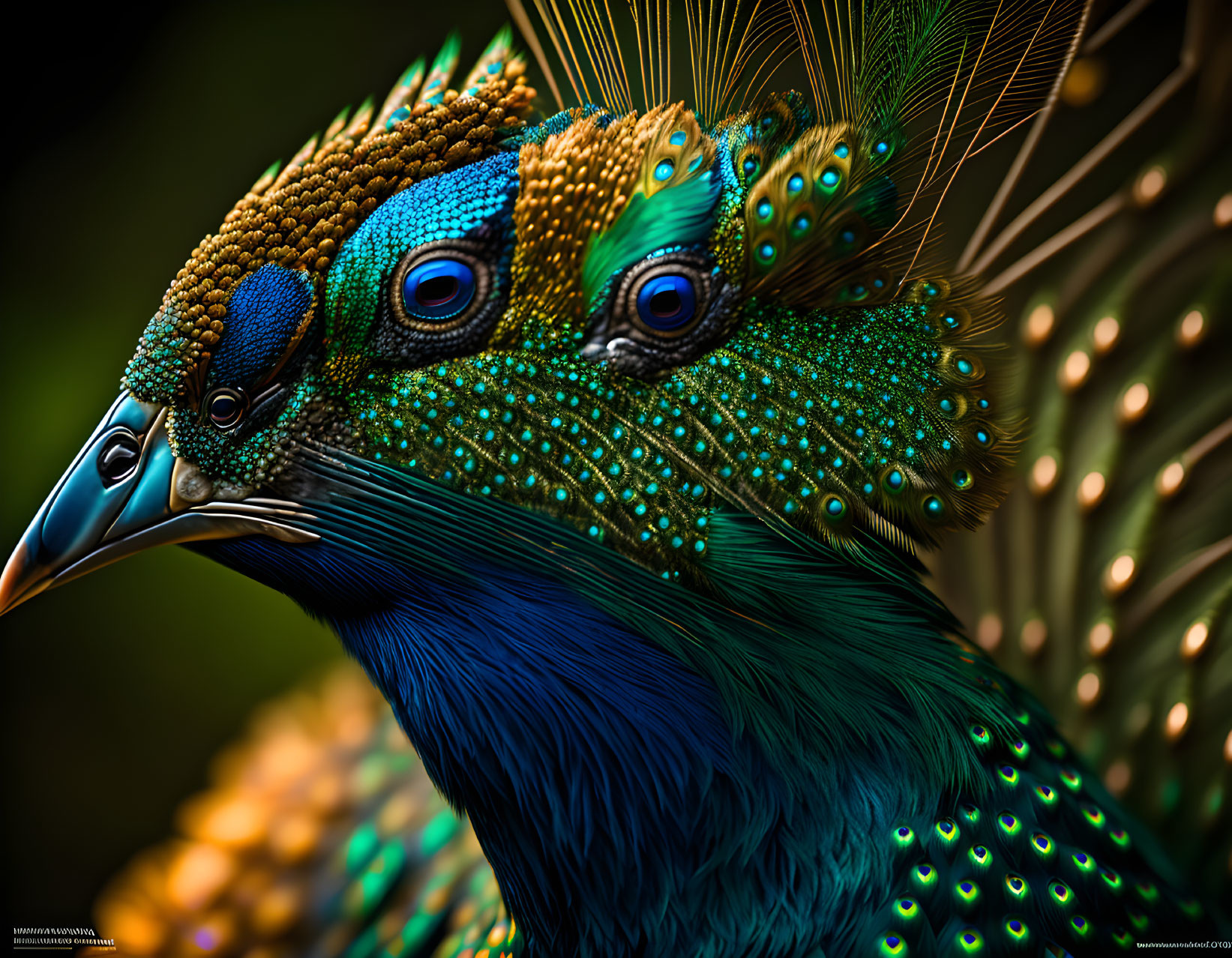 Vibrant blue and green peacock plumage with detailed textures