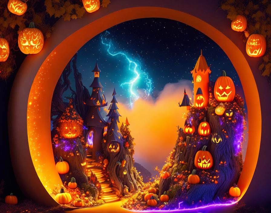 Whimsical Halloween illustration with jack-o'-lanterns, haunted house, starry night sky