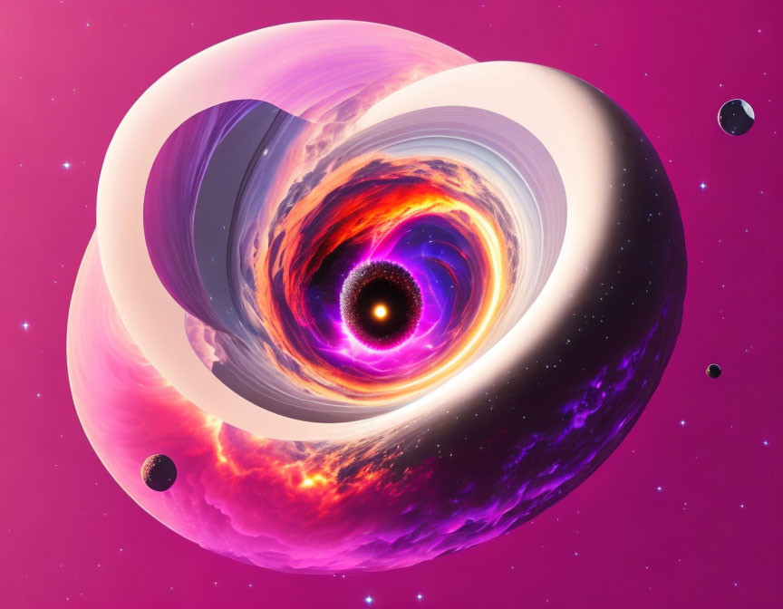 Vibrant surreal space scene: swirling galaxy and black hole against pink nebula
