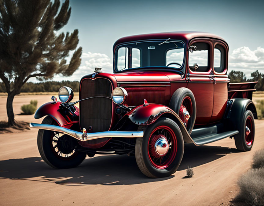 Classic Red and Black Car on Sandy Terrain with White-Wall Tires