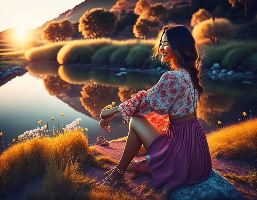 Woman sitting by river at sunset surrounded by wildflowers and greenery.