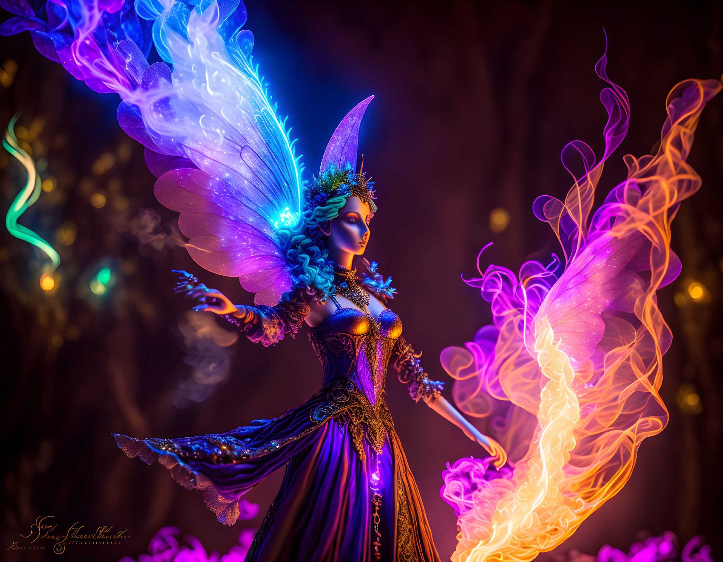 Colorful fantasy fairy figure with glowing wings and magical lights.