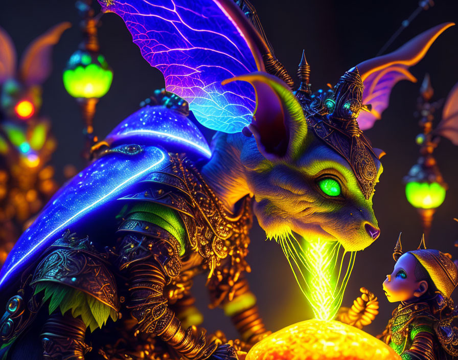 Majestic dragon and glowing figure in vibrant fantasy scene