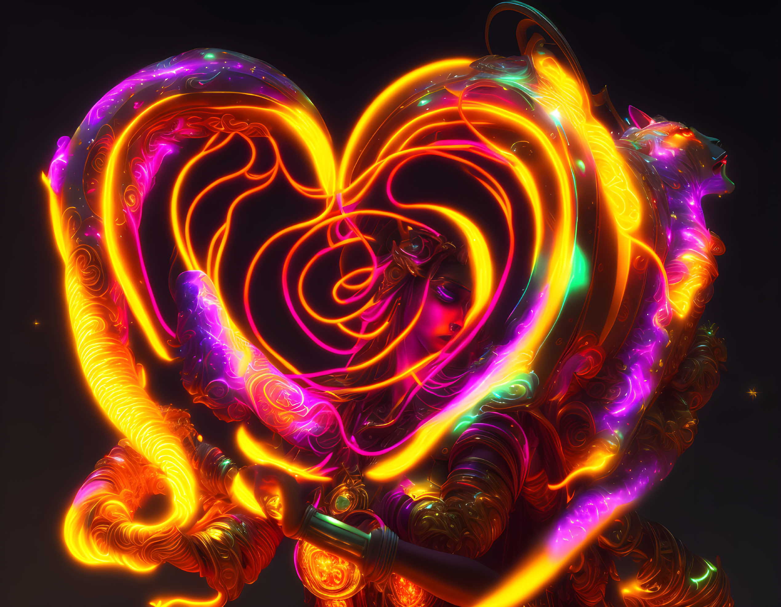 Neon glowing heart digital artwork with swirling patterns