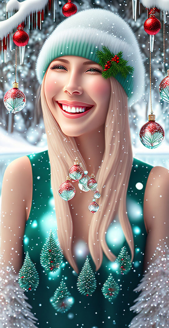 Smiling woman in winter hat with Christmas tree earrings among snowflakes and red baubles