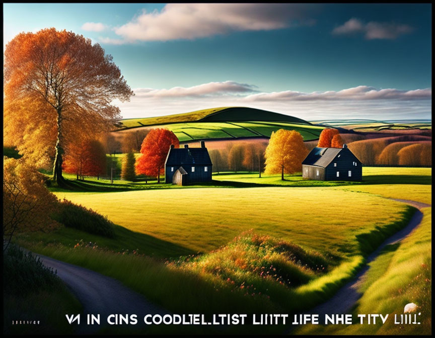 Vibrant autumn landscape with two black houses